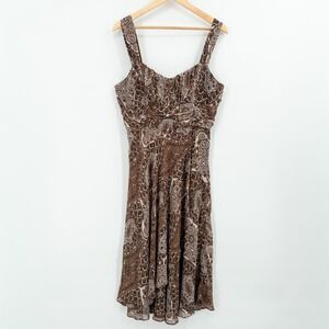 Y2K Forest Fairy Brown Chiffon Midi Dress Size 12 Empire Waist Baby Doll Earthy